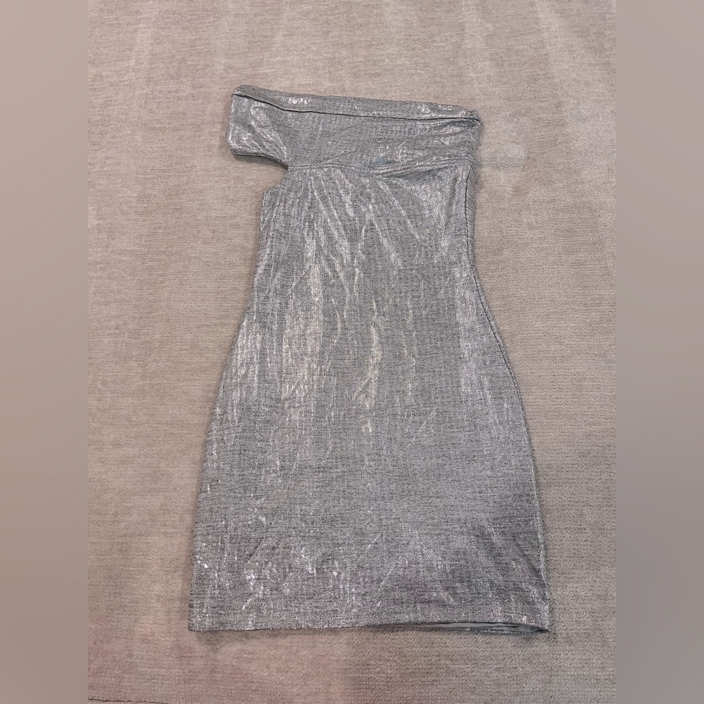 H:Ours Asymmetrical One-Shoulder Mini Dress - Silver Metallic, Size S